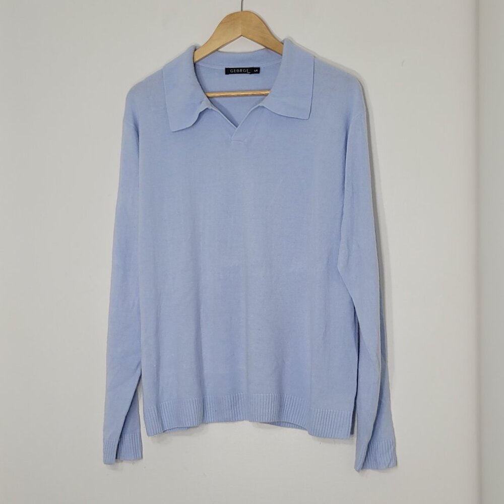 George Mens Vintage Light Blue Solid Long Sleeve Collared Neck Pullover Sweater